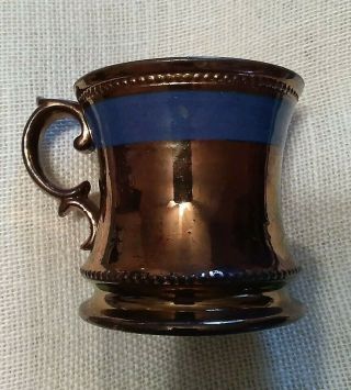 Antique Staffordshire Copper Lustre Cup Mug Lusterware Blue Stripe.  3.  5 " Tall