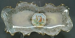 Es Prussia Royal Vienna Style Classical Scene Green Luster & Gold Celery Dish