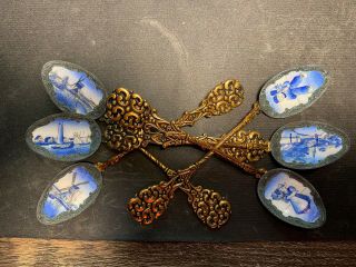 Antique Vintage Dutch Blue Delft Spoons - Set Of 6