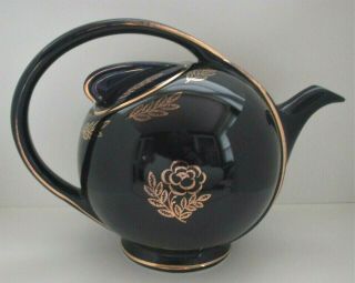 Vintage Hall Airflow 6 - Cup Teapot,  Cobalt Blue With Gold Trim & Rose Design