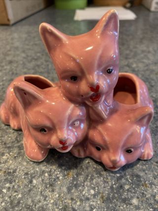 Vintage Mccoy Pottery Three Kittens Cats Ceramic 5.  5 X 3.  5 In Pink Planter