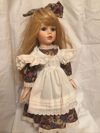 18 INCH PORCELAIN DOLL,  BLOND HAIR,  WITH STAND,  ONE OF A KIND 2