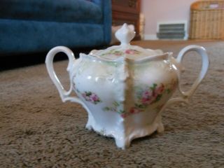 Antique Rs Prussia,  Fine China Sugar Bowl Pretty Pink Flowers,  Fancy Handles