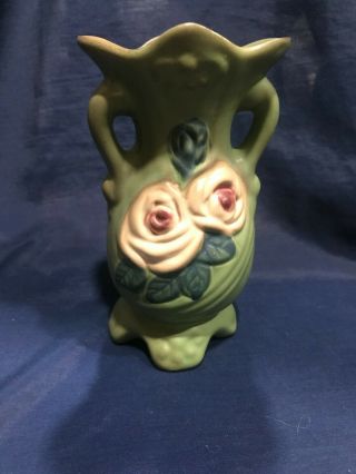 Vintage Roseville Green With White Roses Double Handle Vase 3 "
