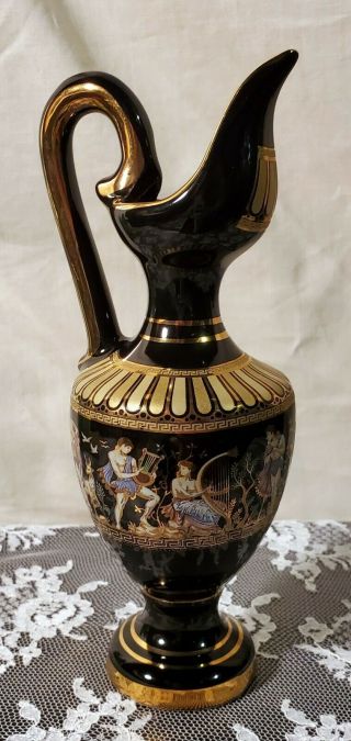 Greek Vase Pitcher Black Porcelain 24k Gold Handmade In Greece