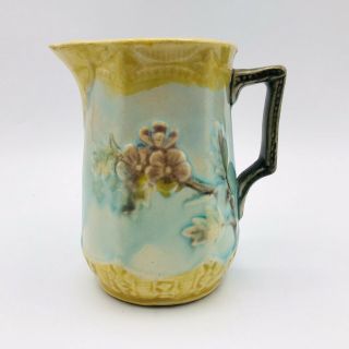 Antique Majolica Pottery Creamer Leaves Flowers England 4 "