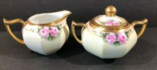 Z S & C Bavaria Germany Hand Painted Pink Flowers Sugar Bowl And Creamer Set