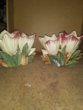 Vtg Mccoy Pottery Pink Double Tulip Flower Vase Planter - 9 " L X 3 " W X 6.  75 " H