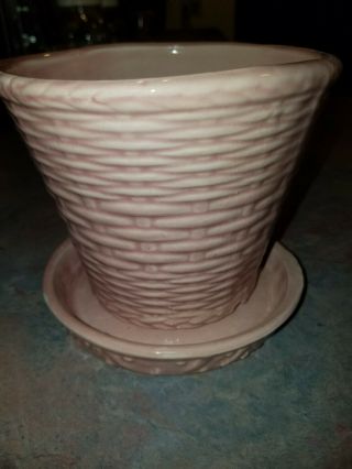 Vintage Mccoy 4 " Pink Basket Weave Planter Flower Pot W Attached Saucer