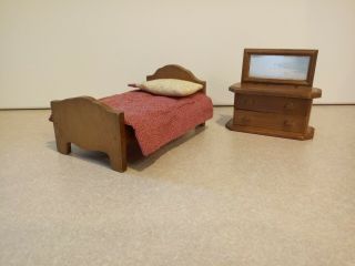 Dollhouse Miniature Furniture Bedroom Set Single Bed Dresser Mirror Quilt Pillow