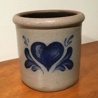 4.  25 " Tall - Rowe Pottery Blue Heart Crock Salt Glazed.