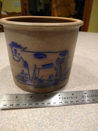 Bbp Beaumont Brothers Pottery Salt Glazed Hand Painted Blue Cow Stoneware Crock