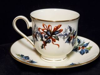 Lenox Winter Greetings Footed Cup and Saucer Red Ribbons Holly & Pine 2