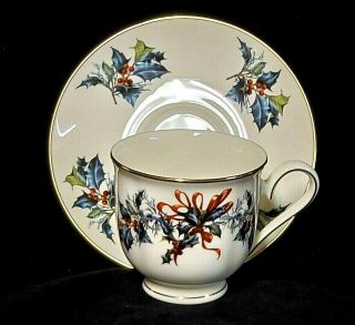 Lenox Winter Greetings Footed Cup and Saucer Red Ribbons Holly & Pine 3