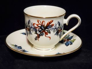 Lenox Winter Greetings Footed Cup And Saucer Red Ribbons With Holly
