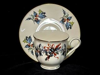Lenox Winter Greetings Footed Cup and Saucer Red Ribbons with Holly 3
