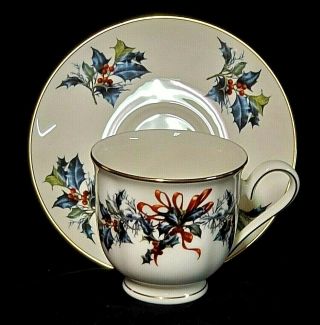 Lenox Winter Greetings Footed Cup & Saucer With Red Ribbons & Holly 3