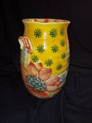 Italian Hand Painted Vase Unique Floral Design 8 In Tall Vidid Yellow/orange