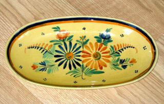 Hb Quimper France Pottery Yellow Faience Floral Oval Bowl Henriot Folk Art 12 In