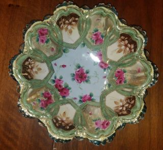 Antique Hand Painted Maple Leaf Nippon Pink & Green Floral Pattern Large Bowl