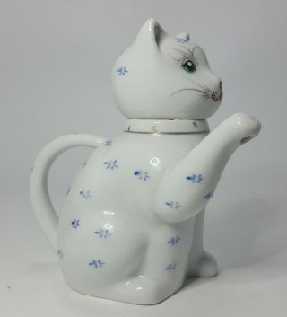 Vintage Cat Kitten Teapot Hand Painted Porcelain Blue Flowers Gold Trim