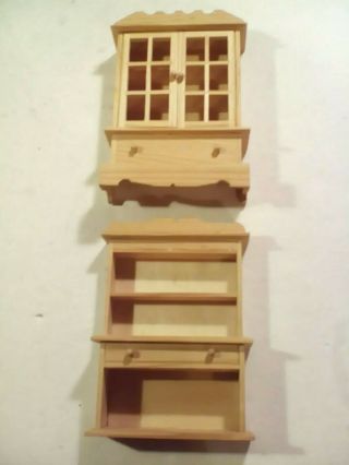 2 Ehi Dollhouse Miniature Furniture Natural Unfinished Wood Hutch Curio Cabinet