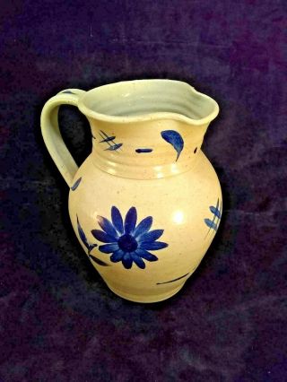 Williamsburg Maloney Salt Glaze Stoneware Pottery Blue Flower 8.  5 " Jug Pitcher