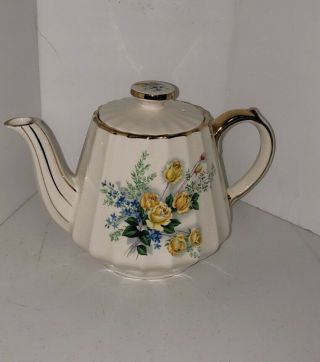 Vintage Sadler England Teapot Yellow Roses Ivory Gold Tone Accents Fluted