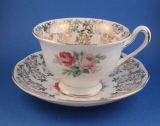 Royal Albert Pink Rose Bouquet And Gold Filigree Bone China Tea Cup And Saucer