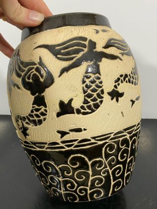 Vintage Ceramic Mythology Folk Art Pottery Mermaid Glazed Nautical Decor Vase