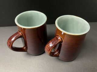 2 Red Wing Pottery Village Green Usa Vintage Coffee Mugs Cups Brown & Teal Green