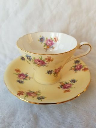 Aynsley Corset Style Tea Cup & Saucer Bone China Pale Yellow Rose Wildflowers