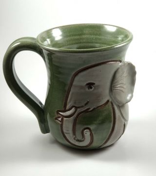 Elephant Stoneware Coffee Mug Green Pottery With Carved Elephant