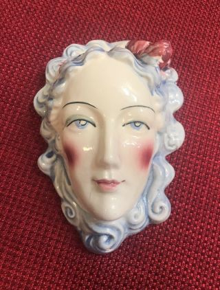 Vintage Wall Pocket - Ladies Face With Blue Hair,  Pink Ribbon Made In Japan