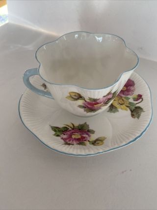 Vintage Shelly England Bone China Tea Cup And Saucer Blue Edging