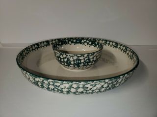 Folk Craft Ginger Bread Green Sponge Ware Dip Bowl and Serving Tray by Tiensan 2