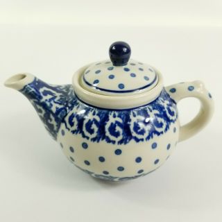 Vintage Boleslawiec Polish Pottery Ceramika Teapot Blue Dot Floral - Euc