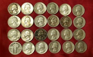 (24 Coins) 1939 - 1964 Washington 90 Silver Quarters,  1 Standing Liberty Quarter