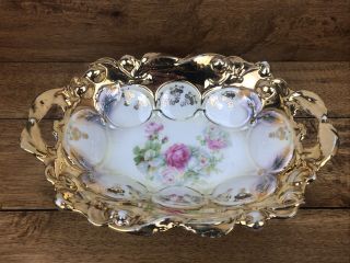 Vintage Double Handled Germany Porcelain Serving Bowl With Gold Accents