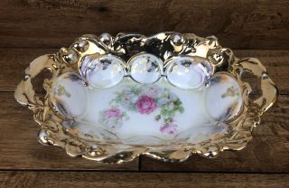 Vintage Double Handled Germany Porcelain Serving Bowl With Gold Accents 2
