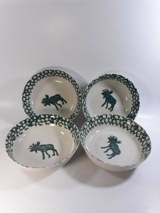 Folk Craft Moose Country Green Spongeware Tiensham Set Of 4 Cereal Bowls