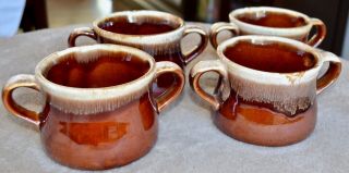 Set Of 4 Mccoy Pottery Brown Drip Glaze Double Handled Chili Soup Bowls