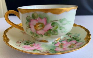 Stunning Very Rare Haviland Limoges Cup & Saucer Pink Roses Floral & Gold