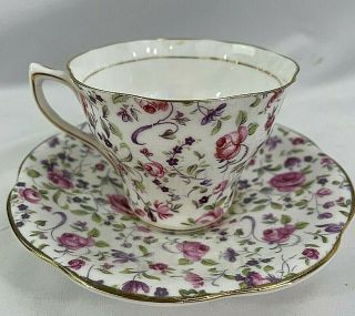 Rosina Teacup And Saucer English Bone China Floral Chintz Roses,  Gold Gilded