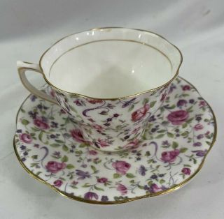 Rosina teacup and saucer English bone china floral chintz roses,  gold gilded 2
