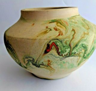 Vtg Nemadji Vase Art Pottery Drip Swirl Green Orange Yellow Tourist Souvenir