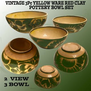 Vintage Set Of 3 Yellow Ware Red Clay Pottery Bowls With Dark Green Pattern
