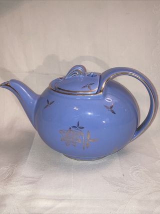 Vintage Hall China 6 Cup Teapot Cadet Blue W Gold Accent Hook Lid 0749