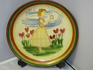 Folk Art Redware Pottery Plate Plaque Girl W.  Butterfly Made In Finland - Signed