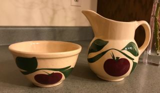 Vintage Watt Pottery Pitcher 3 Leaf Apple Pattern 15 And 2 Leaf Bowl Usa